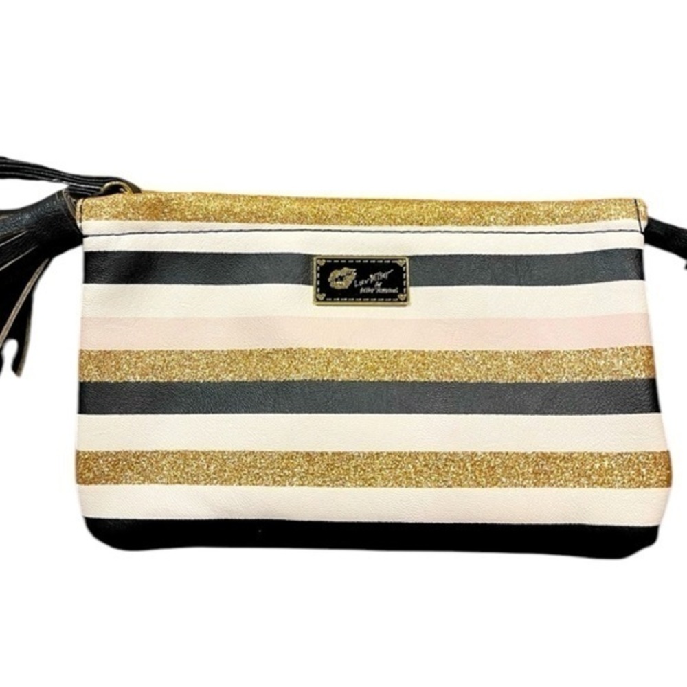 Betsey Johnson Luv Gold & Black Sparkle Striped Wristlet Wallet Clutch w/ Tassel
